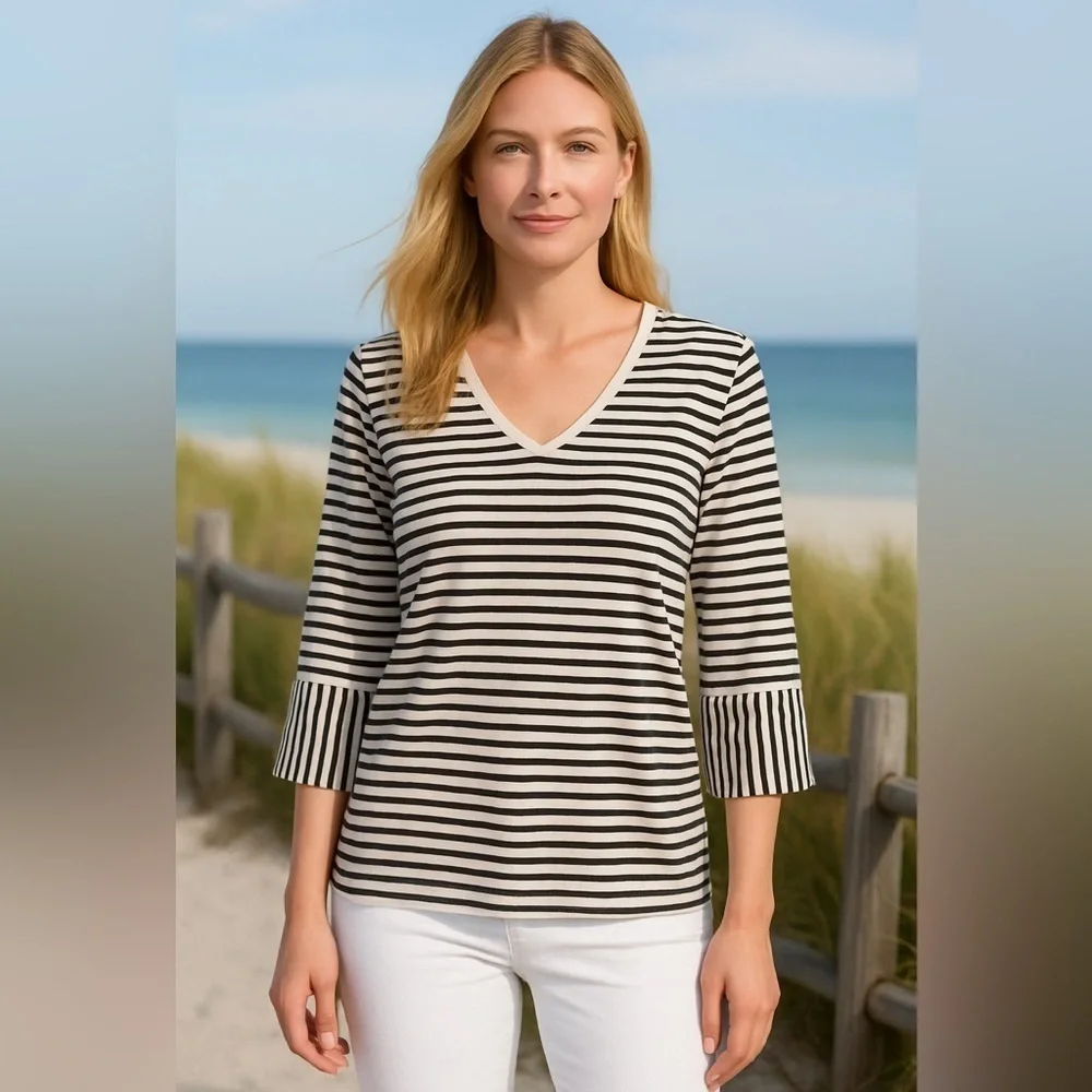 White + Warren striped v neck cotton top 3/4 sleeves nautical preppy Size L